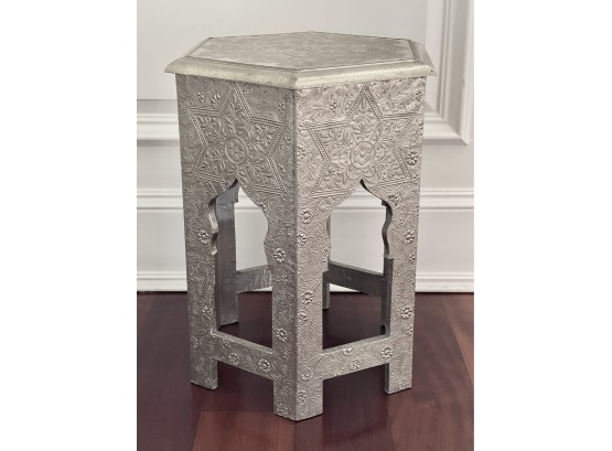 Moroccan Style Hexagonal Metal Wrapped And Embossed Side Table
