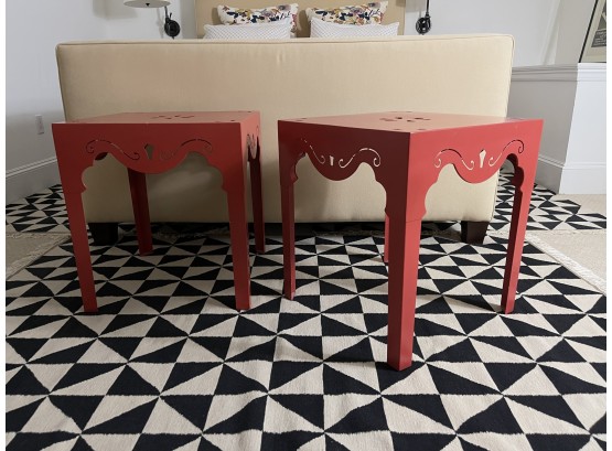 Pierced Coral Red Metal Side Tables Or Nightstands- A Pair