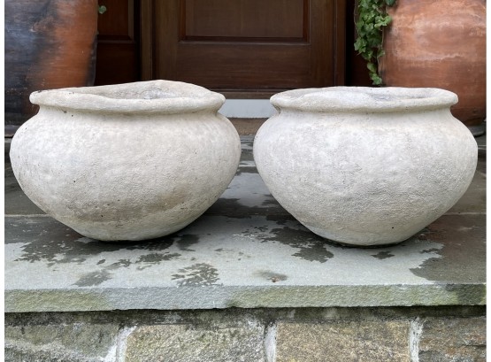 Hand- Cast Stone Round Planter Pots In Weathered White- A Pair