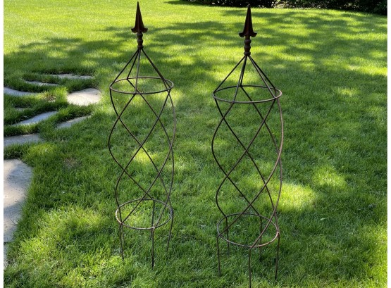 Garden Iron Obelisks Spiral Pot Trellises - A Pair