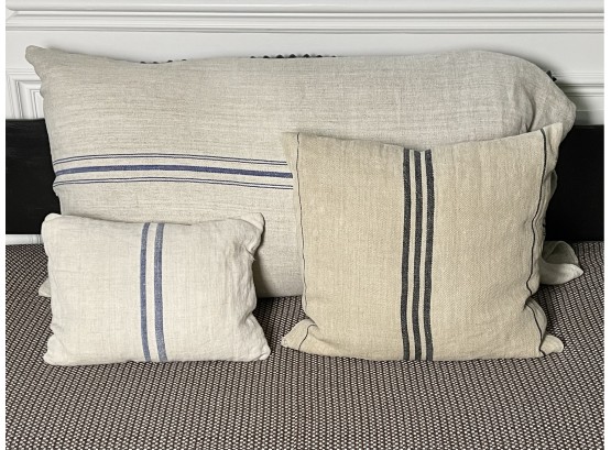 Vintage Striped Grain Sack Feather/ Down Pillows- Set Of 3