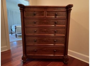 Tall Antique Empire Book-Matched Mahogany Six-Drawer Dresser