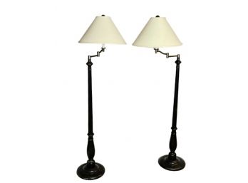 A Pair Of Nicely Turned Wood Floor Lamps W/ Swing Arms