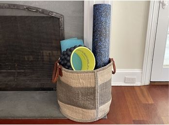 Yoga Essentials In A Woven Basket W/ Leather Handles