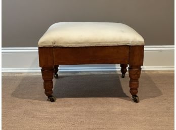 Vintage Square Wooden Stool With Turned And Tapered Legs On Casters