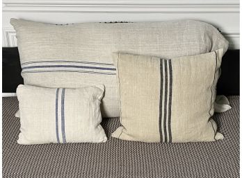 Vintage Striped Grain Sack Feather/ Down Pillows- Set Of 3