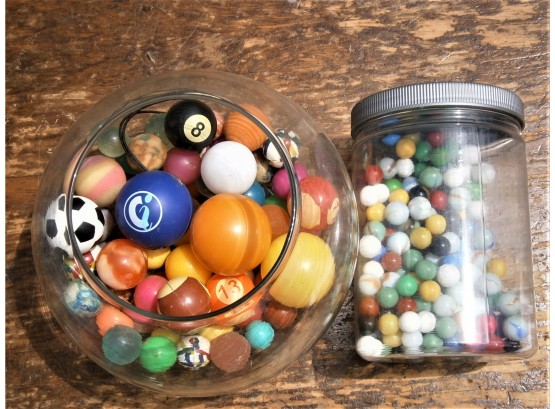 Fish Bowl Of Various Assorted Balls & Jar Of Old Marbles.