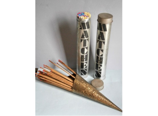 Fireplace Matches In Tin And Brass Holders