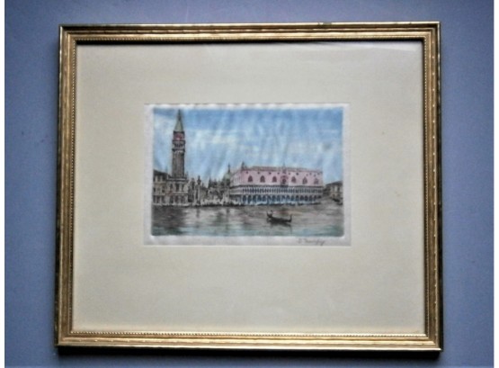 Vintage Print On Silk Of Canal Scene In Venice