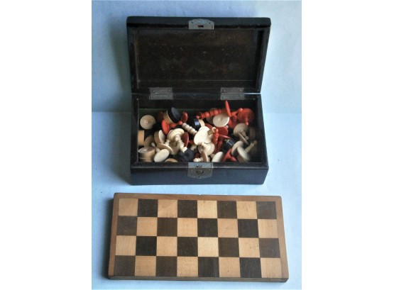 Old Chess And Checker Set With Painted Bamboo Box
