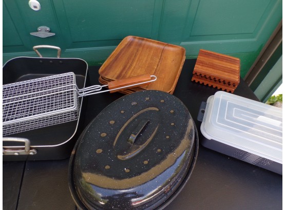 Lot Of Cooking Pans And Wood Trays