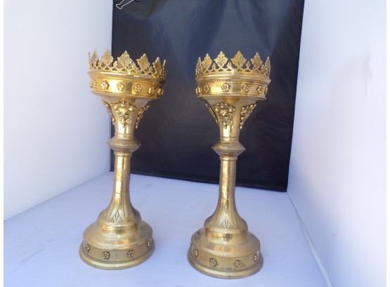 Pair Of Ornate Brass Candle Stands