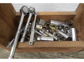Wooden Tool Box Of Various 1/4' & 3/8' Sockets & Ratchets
