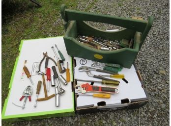 Green Wooden Tool Box With Hand Tools & Sockets