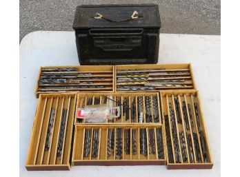 A 50 Caliber Metal Ammo Can Box With Custom Inserts Filled With Drill Bits