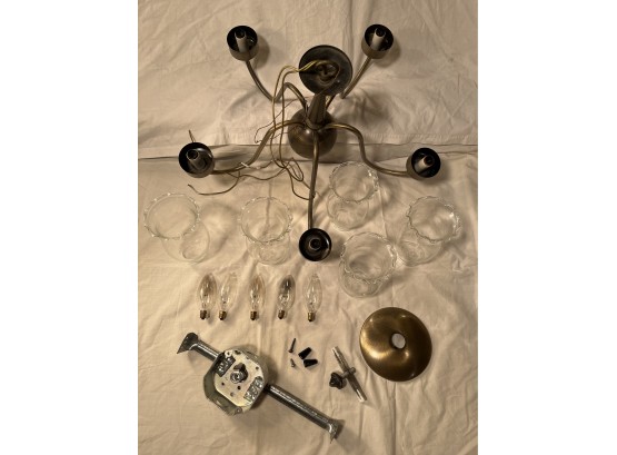 Chandelier With Antique Brushed Brass Finish, 5 Glass Hurricanes Shades With Floret Rims, 20x12