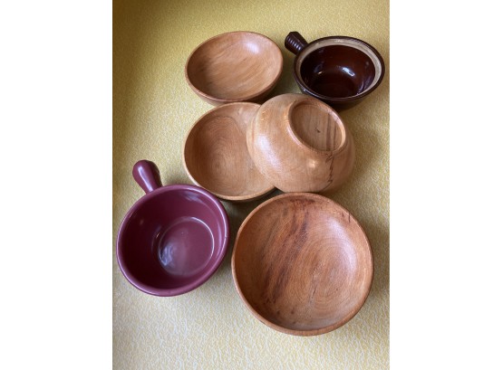 Four Wooden Bowls 6in Across - Two Handled Soup Bowls