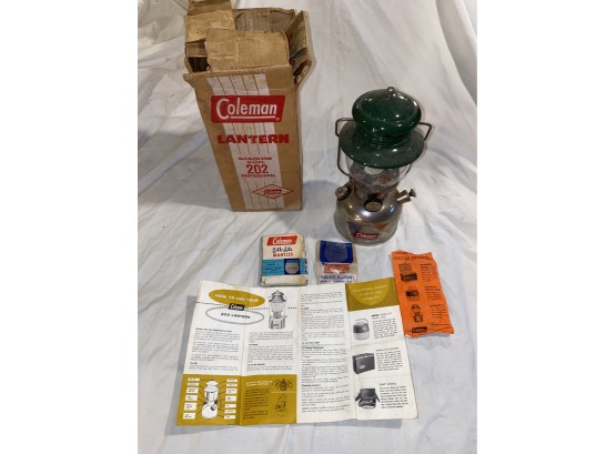 WOW Coleman Model 202 Camping Lantern Original Box And Papers Minimal Use Marked 59 Nickel Chrome Fuel Tank