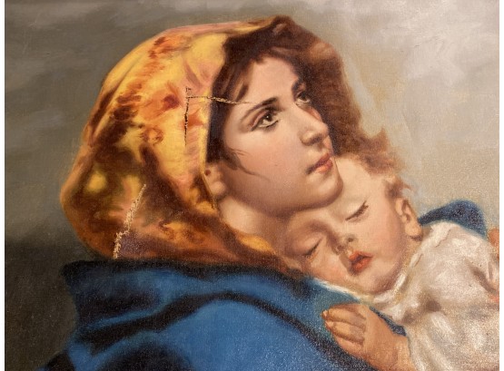 Signed C Ciappa Italian 1890-1970 Naples Carlo Oil On Canvas Damaged 24x19 Peasant With Baby Madonna