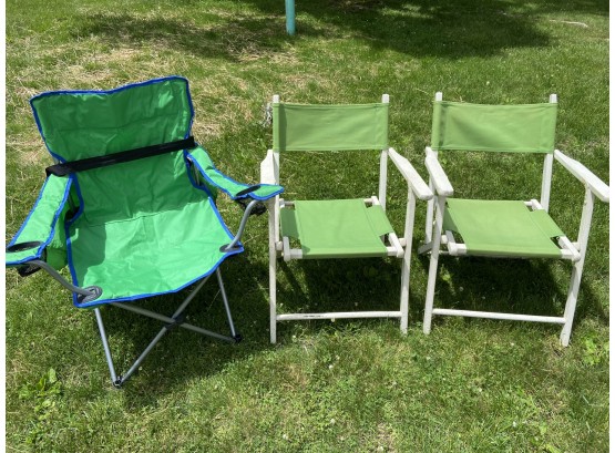 Pair Of Vintage Wood & Canvas Folding Lawn Patio Chairs 23x21x30 Green Lawn Chair W Cup Holders