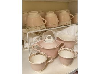 12 Pink Coffee Cups, Sugar, Milk, 8 Demi Tasse, 12 Bowls 5.5in Across, 12 Saucers Of Each Size 4.5in And 6in