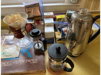 Tea And Coffee Lot - Chemex Jug And Filters - Electric Percolator - Two French Presses - Tea Assortment