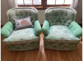 Pair Of Floral Rolling Accent Chairs 28x32x31in