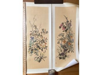 Two Japanese Prints 34x13in G1184 Spring Cherry Blossoms G1185 Summer Hollyhocks