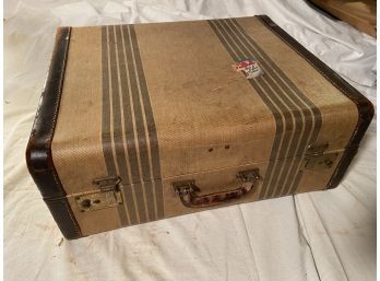 Vintage Striped Suitcase 21x9x18' Leather Trim