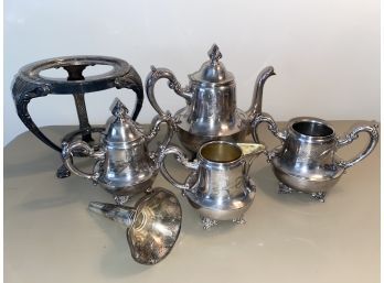 Sheffield Plate Silver Tea Pot Creamer And Sugar Set  Plate Holder