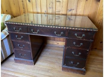 Old Wood 9 Drawer Home Office Desk With Glass Top Dovetail Drawers