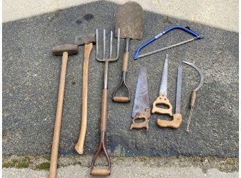 Vintage Wood Handle Tools Axe Sledgehammer Pitch Fork Shovel Various Saws Scythe Garden Lawn Tools