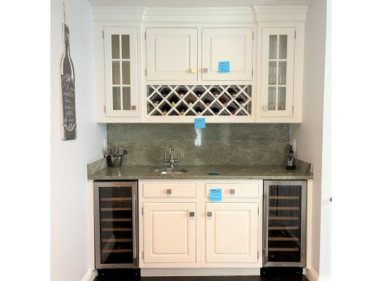 Custom Rutt Cabinetry Wet Bar With Granite Counter Includes Hammered Metal Sink And Faucets