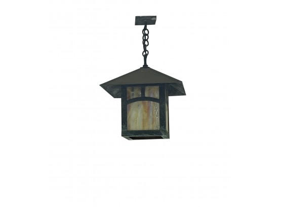 A Craftsman Style Copper  And  Slag Glass Hanging Exterior Fixture