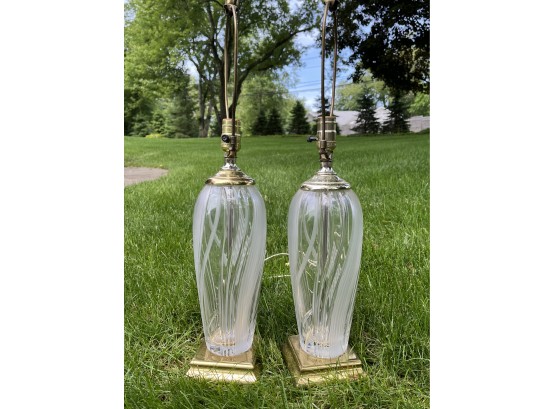 A Pair Of Glass Table Lamps With Gold Tone Bases