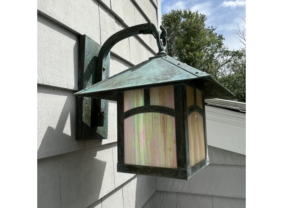 A Trio Of Craftsman Style Copper And Slag Glass Exterior Lanterns