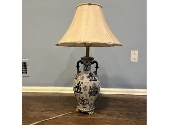 A Porcelain Glazed Handled Lamp With Cast Metal Base And Cap - Blue And White