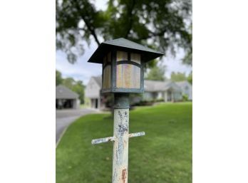 A Craftsman Style Copper And Slag Glass Lamp And Post