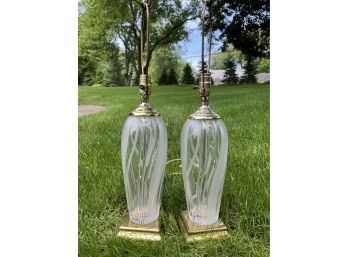 A Pair Of Glass Table Lamps With Gold Tone Bases