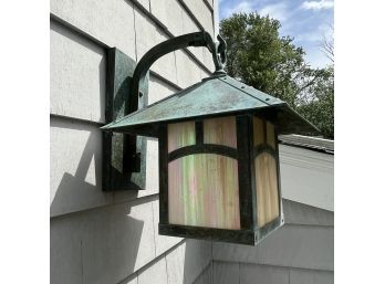 A Trio Of Craftsman Style Copper And Slag Glass Exterior Lanterns