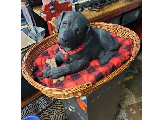 Sandicast Black Labrador Pup Sculpture By Sandra Brue In A Bed Basket 1989