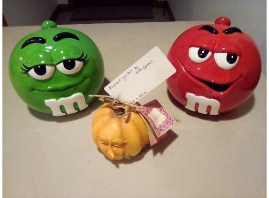 Circa 2002 Red/Green M&M Cookie Jars And 2010 Resin Pumpkin (face) A Curious Garden By Ellen Gomoll