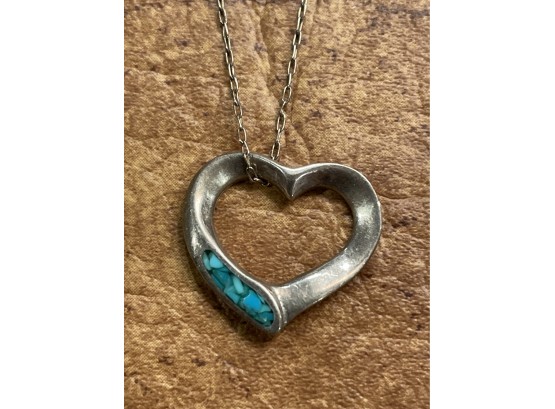 Lovely Sterling Silver & Turquoise Pendant With Matching Chain Necklace