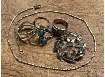 Beautiful Vintage Lot Of Sterling Silver / Rings, Brooch, & Necklace