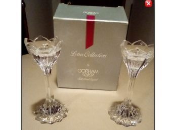 New In Box Gorham Full Lead Crystal Candle Holder Pair, Germany,  Lotus Collection, 7 Inch High Item #C610