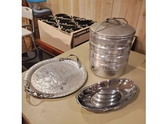 Regal Ware Coal Miner 5-Tier Aluminum Lunch Box/ Pans,creations By Kent Aluminum Tray & Scalloped Serving Dish