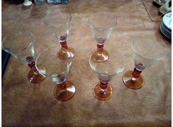 Six Lovely Vintage Goblets With Carnival Glass Features