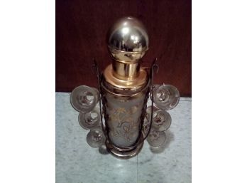Classy Vintage Liquor Decanter With Pump And 6 Shot Glasses