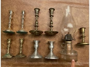 Lot Of Vintage Light!!! Candlestick Holders And Gas Lantern