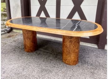 Milo Baughman Style Burled Wood Black Marble Top Table